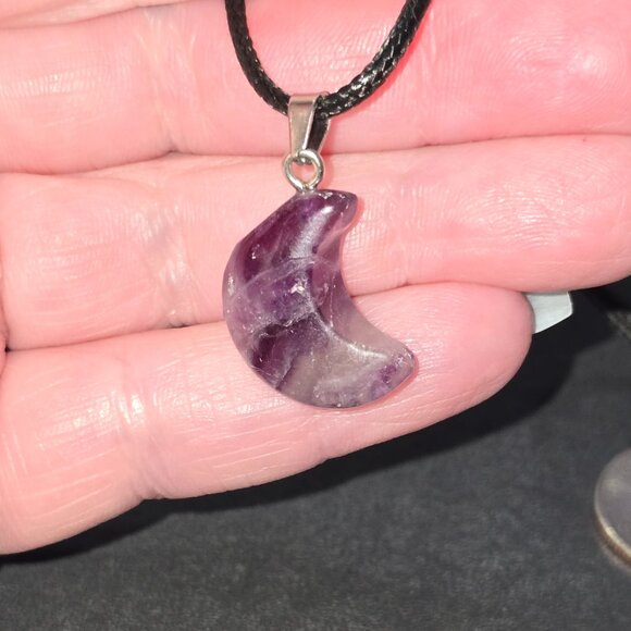 Purple Fluorite Moon Pendant and Cord Necklace Clarity Focus Wisdom - Picture 3 of 6